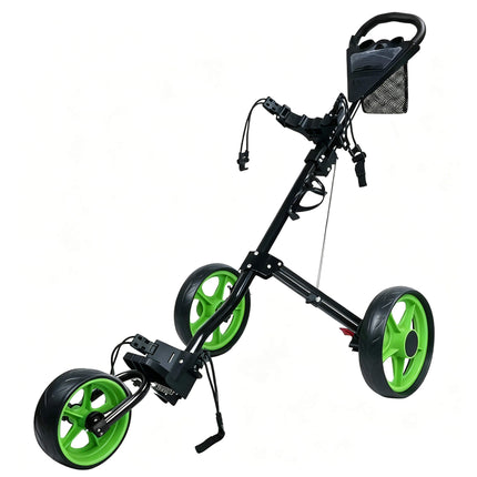 Eliteshine V301 3-wheel golf push trolley black and green colour variant showing green enlarged detachable wheels and thickened aluminum alloy frame