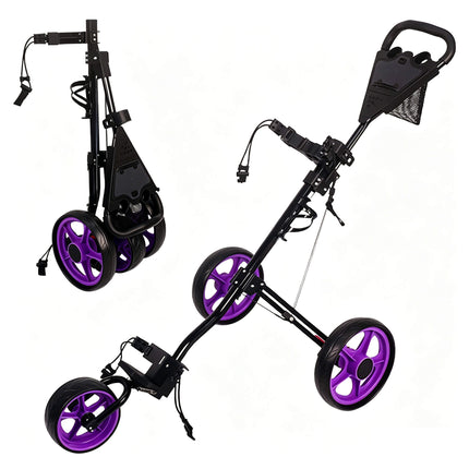 Eliteshine V301 3-wheel golf push trolley black and purple colour variant showing purple enlarged detachable wheels and thickened aluminum alloy frame