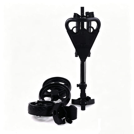 Eliteshine V301 3-wheel golf push trolley detached wheels view showing all 3 enlarged spoke rubber tyres removed from thickened aluminum frame