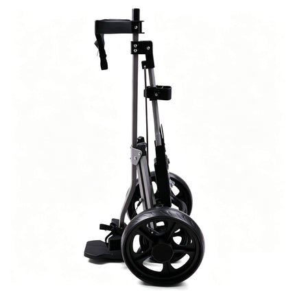 Eliteshine V301 3-wheel golf push trolley folded detail showing compact aluminum alloy frame with detached wheels