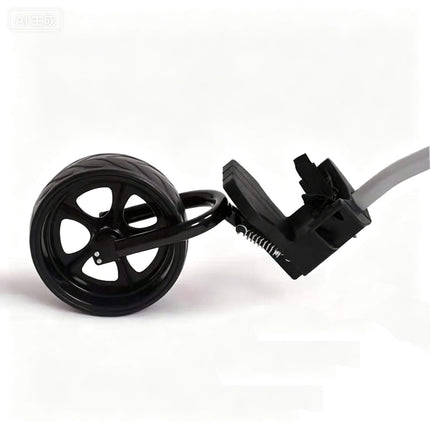 Eliteshine V301 3-wheel golf push trolley enlarged detachable wheel close-up showing spoke rubber tyre and quick-release mechanism