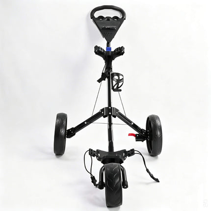 Eliteshine V301 3-wheel golf push trolley front view showing triangular anti-slip handle, tee holder, beverage holder and adjustable buckle