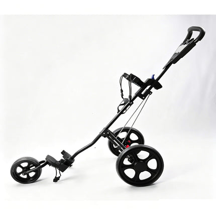 Eliteshine V301 3-wheel golf push trolley left-front view showing triangular handle, multifunctional panel and enlarged detachable wheels