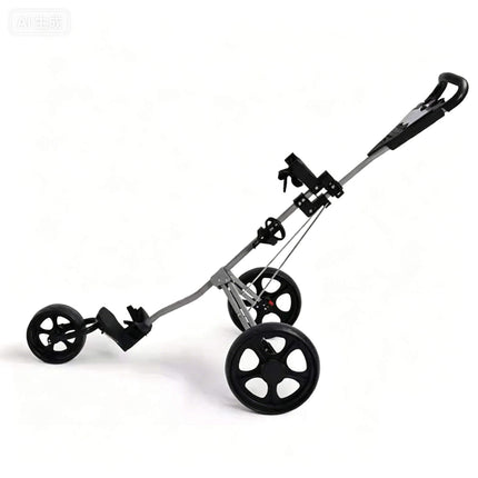 Eliteshine V301 3-wheel golf push trolley left side view showing thickened aluminum alloy frame, adjustable webbing and enlarged spoke wheels