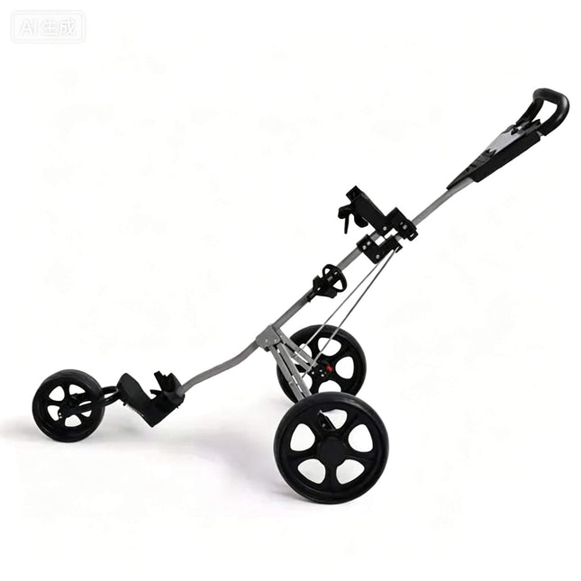Eliteshine V301 3-wheel golf push trolley left side view showing thickened aluminum alloy frame, adjustable webbing and enlarged spoke wheels