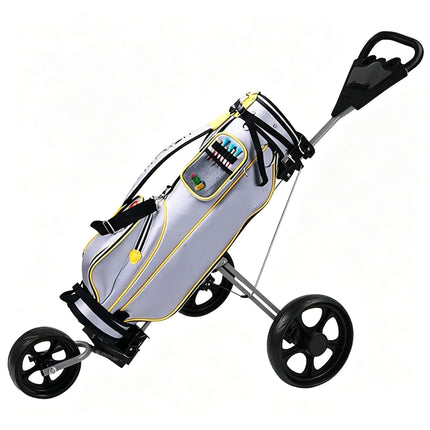 Eliteshine V301 3-wheel golf push trolley lifestyle view with golf bag loaded showing enlarged wheels and thickened aluminum frame