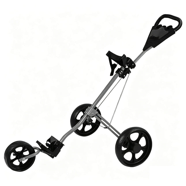 Eliteshine V301 3-wheel golf push trolley main view in black and blue aluminum alloy with enlarged detachable spoke wheels and triangular anti-slip handle