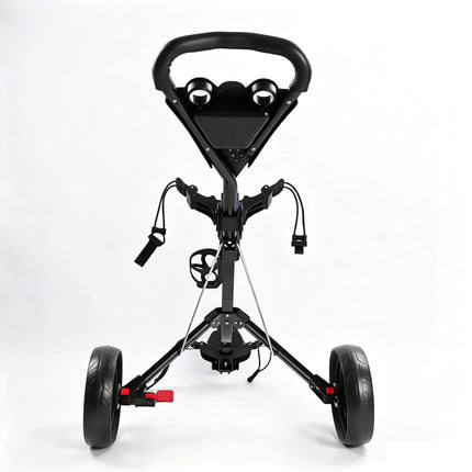 Eliteshine V301 3-wheel golf push trolley rear view showing foot brake, enlarged rear wheels and thickened aluminum alloy frame