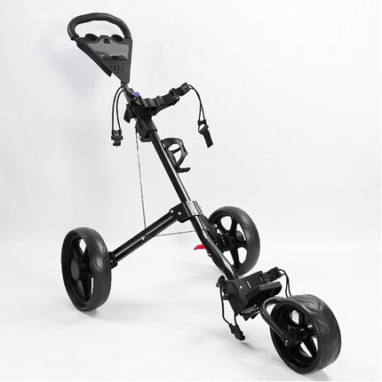 Eliteshine V301 3-wheel golf push trolley right-front view showing triangular handle, multifunctional panel and enlarged detachable wheels