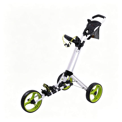 Eliteshine V302A 3-wheel golf push trolley green colour variant showing green spoke wheels with black aluminum alloy frame