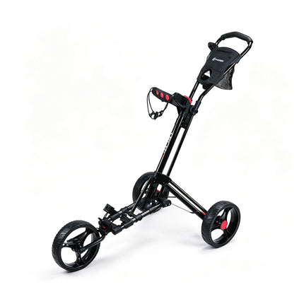Eliteshine V302A 3-wheel golf push trolley main view in black aluminum alloy with colour-matched spoke wheels and scorecard panel