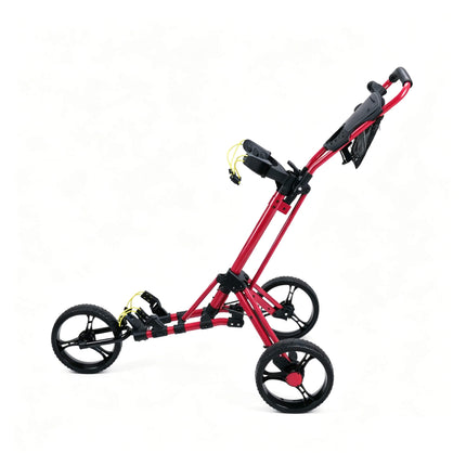 Eliteshine V302A 3-wheel golf push trolley red colour variant left side view showing red wheels, storage bag and aluminum frame