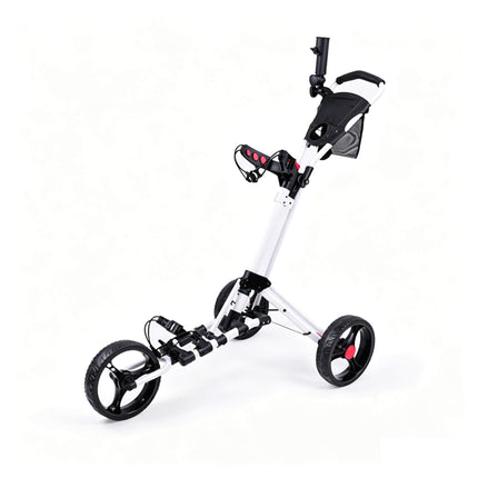 Eliteshine V302A 3-wheel golf push trolley white colour variant showing white spoke wheels with black aluminum alloy frame