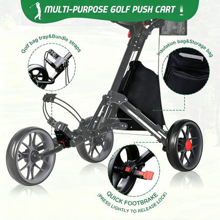 Eliteshine V302B 3-wheel golf push trolley feature diagram showing umbrella holder, storage bag, scorecard panel and adjustable bag strap