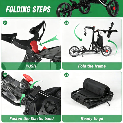 Eliteshine V302B 3-wheel golf push trolley folding steps diagram showing quick-fold sequence from open to compact storage