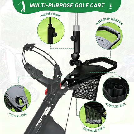 Eliteshine V302B 3-wheel golf push trolley function demo showing umbrella holder in use and storage bag capacity