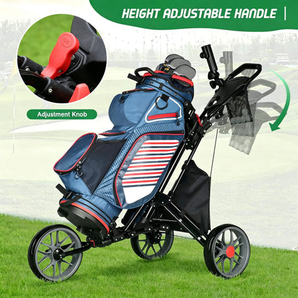 Eliteshine V302B 3-wheel golf push trolley lifestyle view with golf bag and umbrella loaded showing full accessory setup