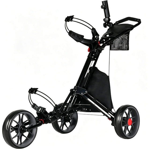 Eliteshine V302B 3-wheel golf push trolley main view in black aluminum alloy with umbrella stand, large storage bag and scorecard panel