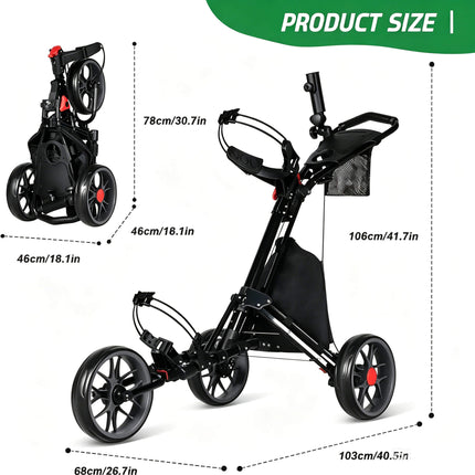 Eliteshine V302B golf push trolley dimensions chart showing open and folded measurements and weight