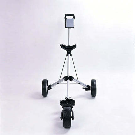 Eliteshine V303 3-wheel golf push trolley front view showing flat scorecard panel, adjustable bag strap and detachable front wheel