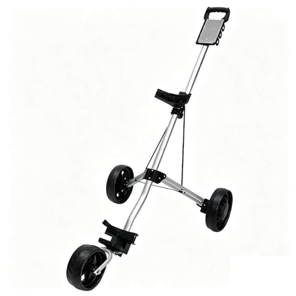 Eliteshine V303 3-wheel golf push trolley main view in silver aluminum alloy with detachable all-terrain spoke wheels and flat scorecard panel