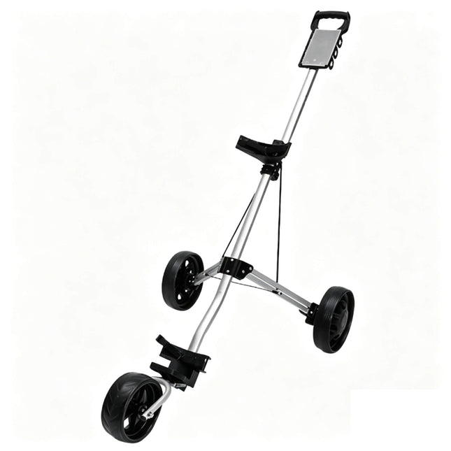 Eliteshine V303 3-wheel golf push trolley main view in silver aluminum alloy with detachable all-terrain spoke wheels and flat scorecard panel