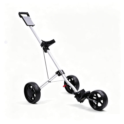 Eliteshine V303 3-wheel golf push trolley right side view showing red foot brake, detachable spoke wheels and cable-assisted fold mechanism