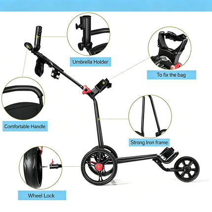 Eliteshine V304 3-wheel golf push trolley function demo showing height-adjustable handle, mesh ball net, scorecard slot and umbrella holder
