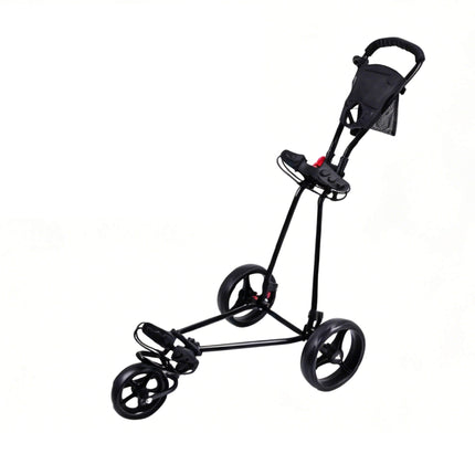 Eliteshine V304 3-wheel golf push trolley main view in all-black iron frame with height-adjustable handle, umbrella holder and storage bag