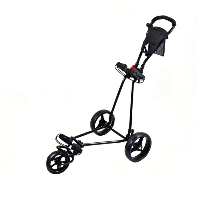 Eliteshine V304 3-wheel golf push trolley main view in all-black iron frame with height-adjustable handle, umbrella holder and storage bag