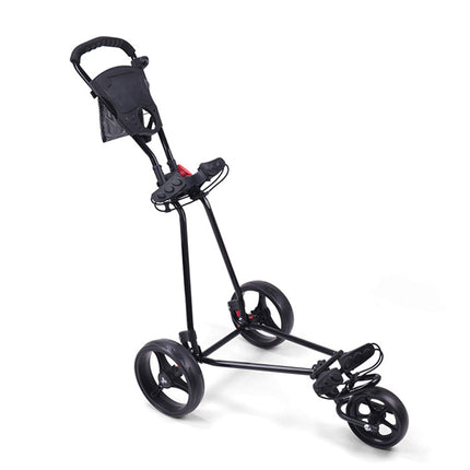 Eliteshine V304 3-wheel golf push trolley right side view showing black iron frame, large spoke wheels and adjustable bag strap