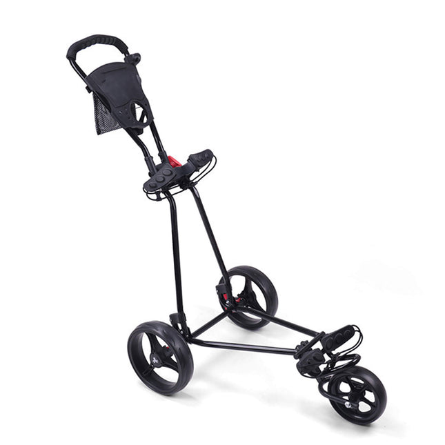Eliteshine V304 3-wheel golf push trolley right side view showing black iron frame, large spoke wheels and adjustable bag strap