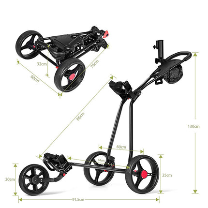 Eliteshine V304 golf push trolley dimensions — 130cm tall, 91.5cm wide, 64cm deep, folded 76cm x 60cm x 32cm, weight 5.7kg