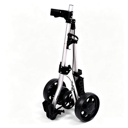 Eliteshine V305 4-wheel golf push trolley fully folded view showing compact ultra-lightweight aluminum alloy storage size