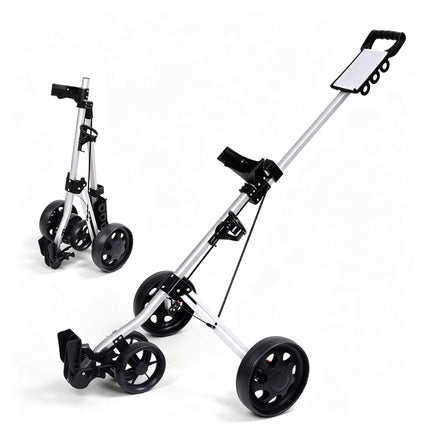 Eliteshine V305 4-wheel golf push trolley left side view showing black aluminum alloy frame, dual front wheels and adjustable bag strap