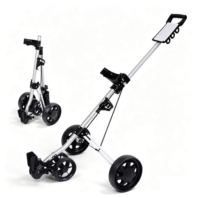 Eliteshine V305 4-wheel golf push trolley left side view showing black aluminum alloy frame, dual front wheels and adjustable bag strap