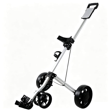 Eliteshine V305 4-wheel golf push trolley main view in black aluminum alloy with dual front wheels and scorecard panel