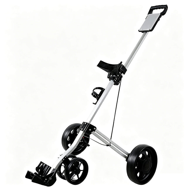 Eliteshine V305 4-wheel golf push trolley main view in black aluminum alloy with dual front wheels and scorecard panel