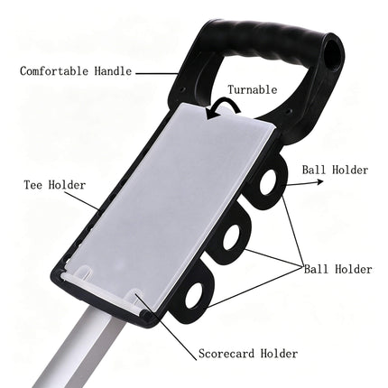 Eliteshine V305 4-wheel golf push trolley handle panel close-up showing scorecard holder, ball holder and tee holder