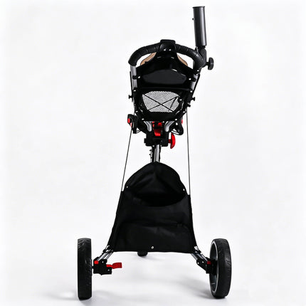 Eliteshine V306 3-wheel golf push trolley rear view showing anti-slip curved handle, detachable umbrella holder and large storage bag