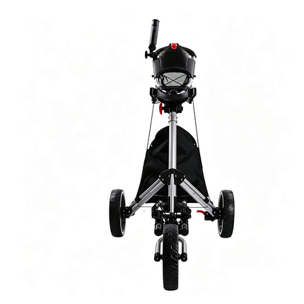 Eliteshine V306 3-wheel golf push trolley front view showing red foot brake, enlarged all-terrain rear wheels and silver aluminum alloy frame