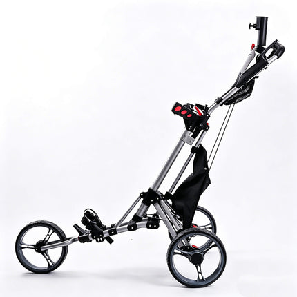 Eliteshine V306 3-wheel golf push trolley left side view showing silver aluminum alloy frame, detachable umbrella holder and storage bag