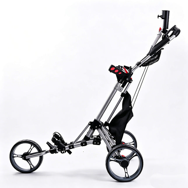 Eliteshine V306 3-wheel golf push trolley left side view showing silver aluminum alloy frame, detachable umbrella holder and storage bag