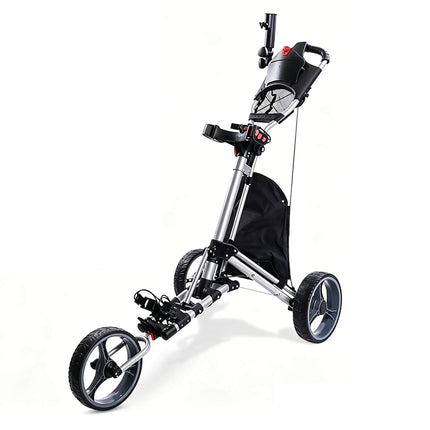 Eliteshine V306 3-wheel golf push trolley main view in silver enhanced aluminum alloy with enlarged all-terrain rear wheels and large storage bag