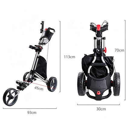 Eliteshine V306 golf push trolley dimensions — 113cm tall, 93cm wide, 45cm deep, folded 70cm × 30cm