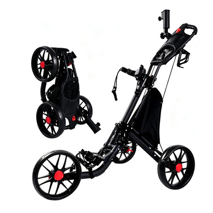Eliteshine V307 3-wheel golf push trolley folded demo view showing quick one-step fold mechanism