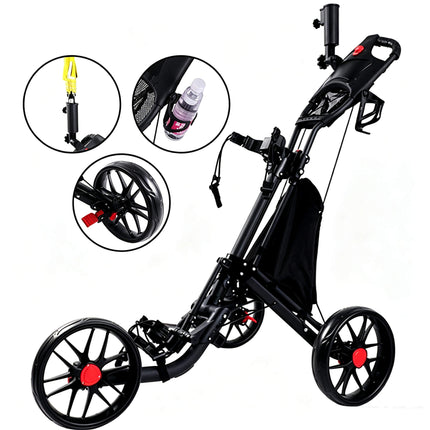 Eliteshine V307 3-wheel golf push trolley left function demo showing large black storage bag, adjustable bag strap and mesh ball net panel