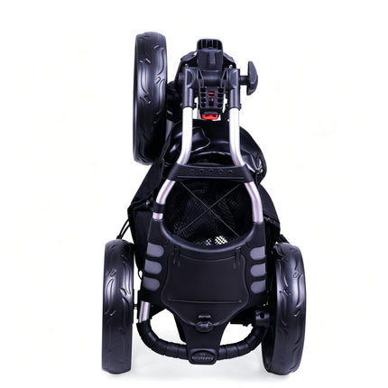 Eliteshine V307 3-wheel golf push trolley folded back view showing compact aluminum alloy frame and EVA wheel profile