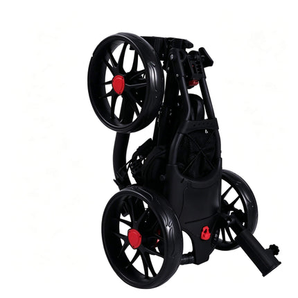 Eliteshine V307 3-wheel golf push trolley folded side view showing compact storage size with premium EVA wheels