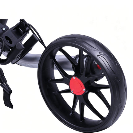 Eliteshine V307 3-wheel golf push trolley larger front EVA wheel close-up showing smooth tyre and aluminum alloy fork